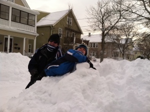 Thomas and I on a snow pile.  Veronica took the picture and stayed far from the pile.